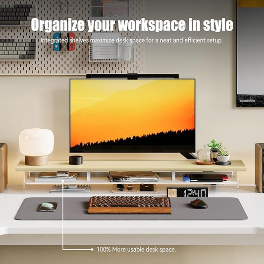 FENSULN Dual‑Tier Monitor Stand for Modern Desk Setup – Minimalist Wooden and Metal Riser Shelf with Transparent Acrylic Feet for Dual Monitors, Laptops, Home Office Aesthetic,Beige and White