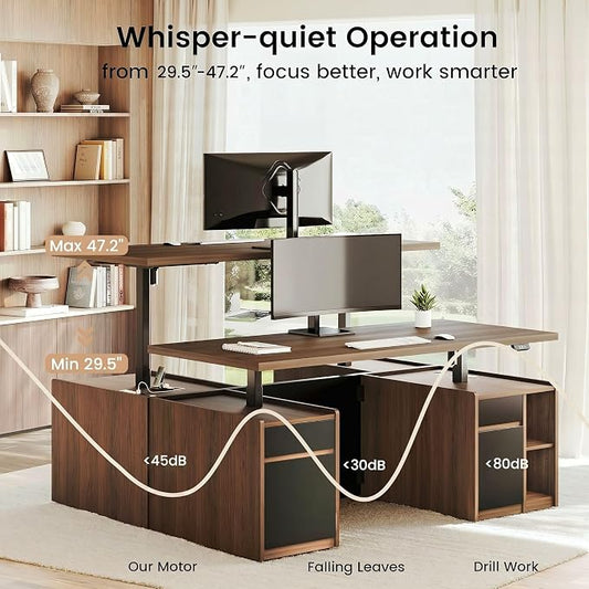 ModernMate Furniture Set, 70.8'' Executive Standing Desk with 71'' Tall Bookcase, AC/USB, File Cabinet, Double-Sided Narrow Display Shelves, Home Office Wood Storage Furniture, Black Walnut