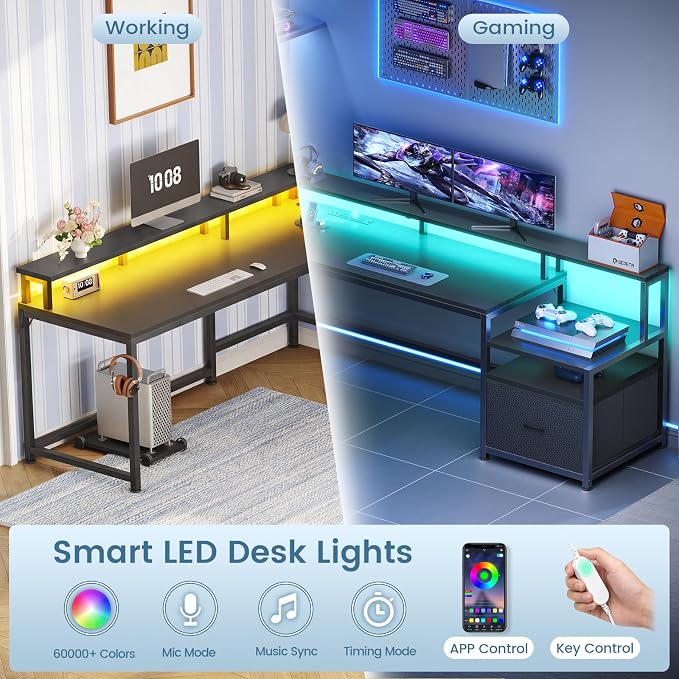SEDETA 66" L Shaped Desk with Power Outlet, Reversible Home Office Computer Desk with File Drawer & Monitor Shelf, Storage Shelves, LED Lights for Corner Small Spaces, Black