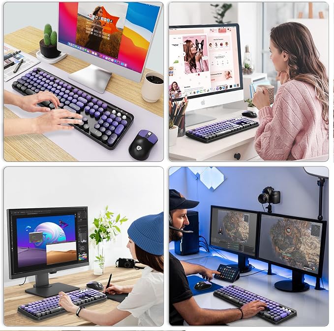 Purple Wireless Keyboard and Mouse Combo, Retro Round Key Typewriter Style Keyboard, Cute Full Size Aesthetic Bubble Keyboard with Number Pad for PC Laptop Desktop Computer