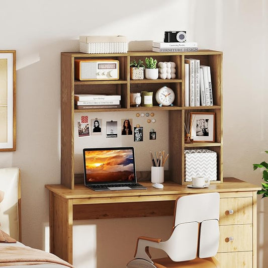 GOFLAME 7 Cubes Desktop Bookshelf, 37” Desk Organizer Shelf with 3 Adjustable Shelves, 3-Tier Wood Countertop Display Rack, Multipurpose Tabletop Desk Hutch for Dorm, Home Office, Natural