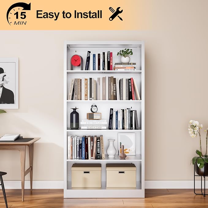 VASAAOSD 66" Tall Metal Bookcase, 5 Shelf White Bookcase with Adjustable Shelves, Large Bookshelves and Bookcases, Modern Book Shelf Storage Organizer for Living Room, Home Office, Library