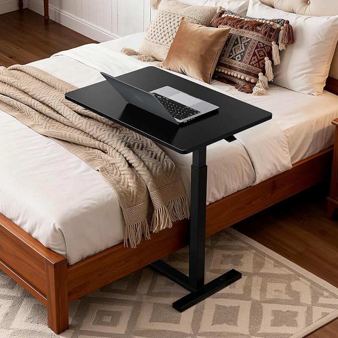 Overbed Bedside Table with Hidden Casters, Adjustable Pneumatic Mobile Laptop Computer Standing Desk, Rolling Laptop Table, Movable Overbed Table Hospital Home Use, Black