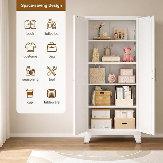 QINPTWUT 71" Metal Storage Cabinet with Doors and Shelves, Tall Pantry Cabinet in White with 2 Doors & 4 Adjustable Shelves, All-Steel Farmhouse Cupboard for Kitchen, Living Room,Home Office,Garage