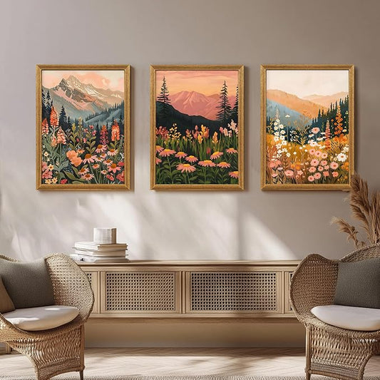 ICHZUMW Framed Boho Abstract Landscape Mountain and Floral Canvas Wall Art Set of 3, Colorful Nature Botanical Paintings Artwork, Large Wildflower Wall Decor for Living Room Bedroom Office, 12x16in