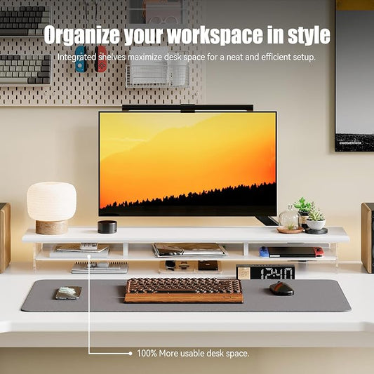 FENSULN Dual‑Tier Monitor Stand for Modern Desk Setup – Minimalist Wooden and Metal Riser Shelf with Transparent Acrylic Feet for Dual Monitors, Laptops, Home Office Aesthetic,White