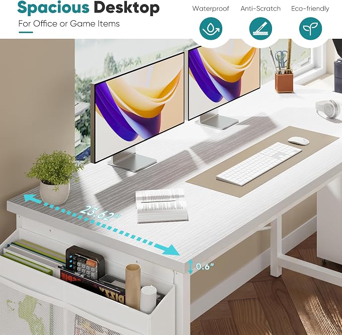 OLIXIS 63 Inch Computer Desk for Home Office, Writing Study Craft Gaming Table, Modern Computer Workstation with Storage Bag and Headphone Hook for Bedroom Small Spaces, White