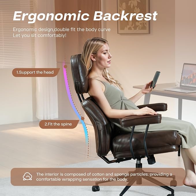 CAODOC Big and Tall Office Chair, 300LBS PU Leather Executive Office Chair Whit Lumbar Support, Managerial Home Desk Chair, Heavy Duty High Back Computer Chair(PU Leather Coffee)