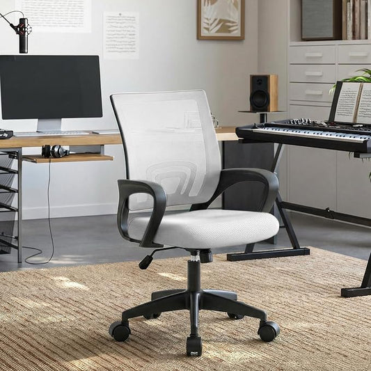 Magshion Ergonomic Office Desk Chair, Mid-Back Mesh Computer Chair, Swivel Chair with Breathable Backrest & Lumbar Support, Adjustable Height for Gaming, Work, Study, 300 Lbs Capacity, White