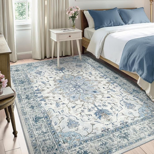 RELEANY Area Rugs 5'x8' Washable Non-Slip, Floral Vintage Distress Medallion Carpet for Living Room Bedroom Dining Room, Light Blue Navy Gray White