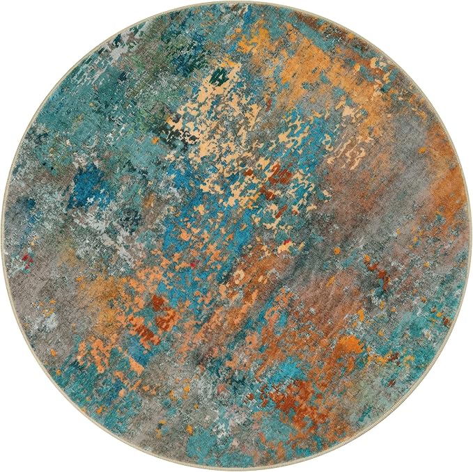 Lahome Modern Abstract Round Rug 5Ft - Colorful Washable 5x5 Circle Rugs for Living Room Bedroom Non Slip, Soft Indoor Floor Carpet for Dining Table Bathroom Nursery Dorm Decor