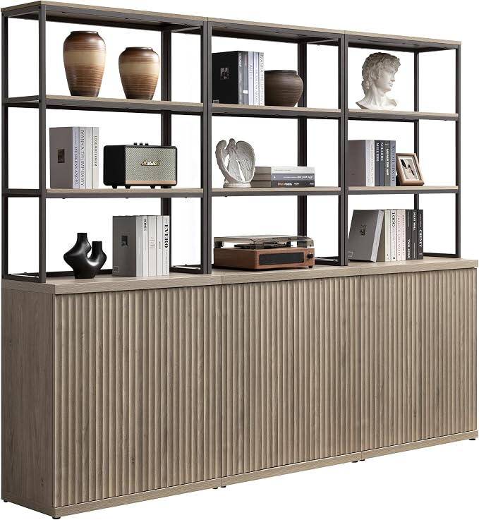 SICOTAS Book Shelf Fluted Bookshelf Cabinet - 75" Tall Bookcase 6 Tier Large Bookshelves with Doors Storage Modern Triple Wide Book Shelves Case for Living Room Home Office, Metal Frame, Grey