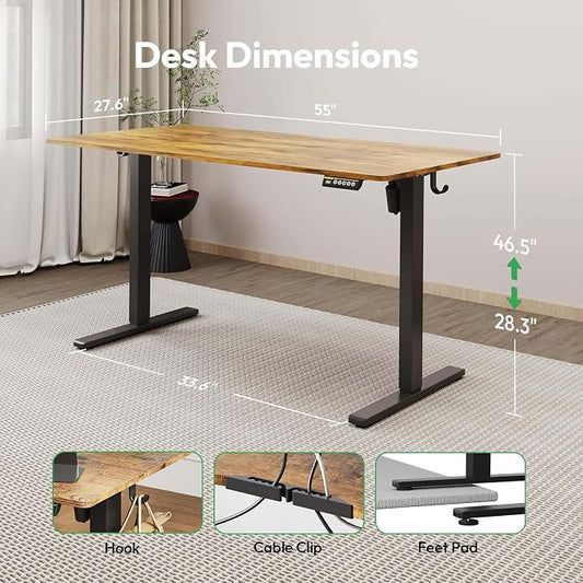 Large Electric Standing Desk,55x28 Inches Adjustable Height Stand up Desk, Sit Stand Home Office Desk, 3 Preset Heights,Equipped with Hooks,Ergonomic Computer Desk Workstation,Brown