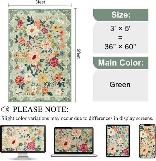 DUKINO 3x5 Area Rug, Floral Rugs for Living Room, Lightweight Non Slip Washable Rug, Indoor Low Pile & Non-Shedding Boho Design Rugs for Bedroom, Living Room, Dining Room, Green