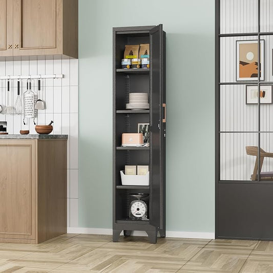 67"H Black Metal Locker with 1 Lockable Door and 4 Adjustable Shelves For Employees, 5 Tier Small Storage Cabinet with Detachable Legs and Vintage Handle for Kitchen,Office,Gym,School,Easy Assembly