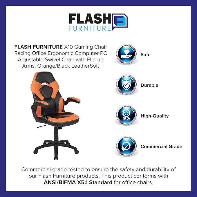 Flash Furniture X10 High-Back LeatherSoft Racing Style Gaming Chair with Flip-Up Arms, Ergonomic Padded Swivel Computer Chair, Orange/Black