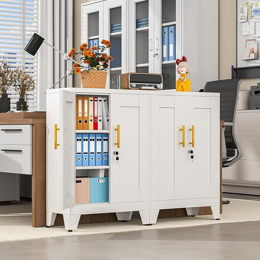 pozdeg 35.43" Lockable Metal Storage Cabinet, Steel Locker File Cabinet with 2 Doors & 2 Adjustable Shelves, Multi-Purpose Organizer for Home, Office File Storage & Garage Locker (White)