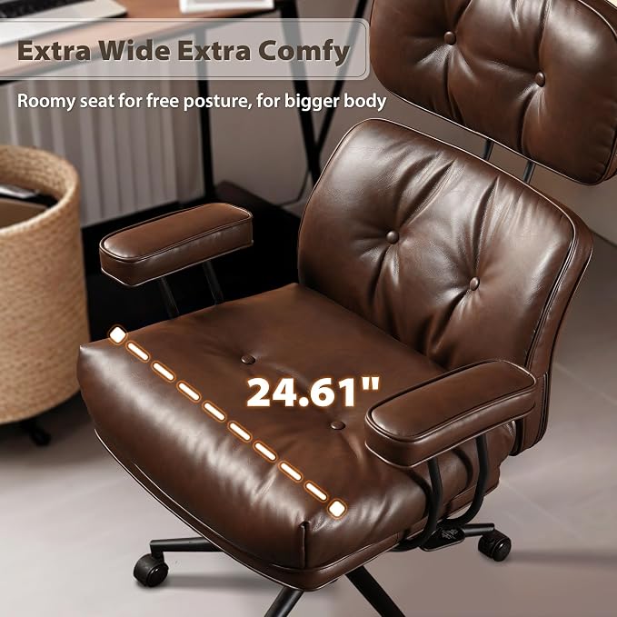 HOOOWOOO Mid Century Modern Ergonomic Office Chair, Comfy Executive Chair with Extra Wide Tufted Cloudy Seat, Lumbar Support, High Reclining Back, PU Leather Dark Brown
