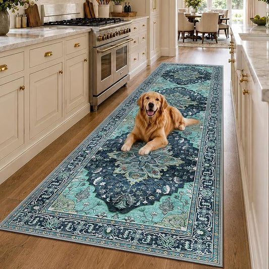 RELEANY Area Rugs Runner 3'x10' Washable Non-Slip, Floral Vintage Distress Medallion Carpet for Kitchen Hallway Bedroom Beside Laundry Room Bathroom, Teal Green Lake Blue Turquoise