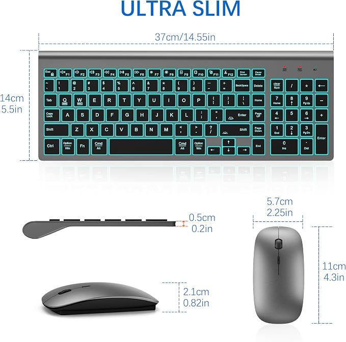 TopMate Wireless Backlit Keyboard and Mouse Ultra Slim Combo, 2.4G Silent Compact 2400DPI Mouse and Scissor Switch Keyboard Set, Batteries Included, for PC/Laptop/Windows/Mac/Gaming - BL Gray Black