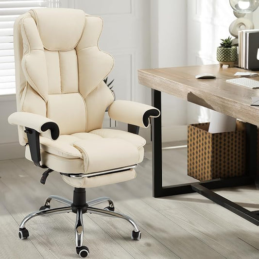HOMREST 6-Point Massage Executive Chair,Heat Office Chair,Ergonomic Home Office Desk Chairs with Retractable Footrest and Reclining Function,Leather Computer Chair with Adjustable Armrest(Off White)