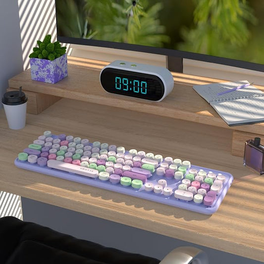 UBOTIE Dual Mode Colorful Wireless Keyboard, Bluetooth and USB Receiver Retro Typewriter Round Keycaps Keyboard Support Multi Devices for PC Laptop Tablet Phones(Purple Colorful)