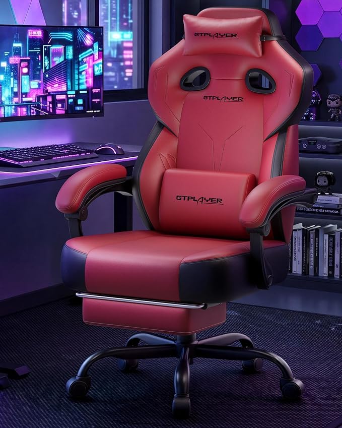 GTPLAYER Big & Tall Gaming Chair, 90°-155° Adjustable Reclining Office Seat with Footrest, Ergonomic Comfy Computer Desk Chair for Adults, Home Office Gaming Study Use, Wine Red (Leather)