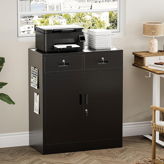 Metal Storage Cabinet, 36 Inch Tall Locking Cabinet with 2 Doors and 2 Drawers, Metal Cabinets with Adjustable Shelf, Garage Cabinets for Garage, Warehouse, Classroom, Home Office, Black