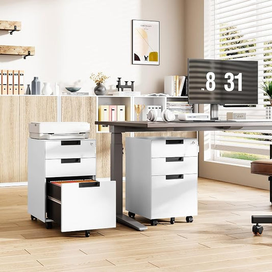 Mobile File Cabinet,3 Drawer Locking Storage Filing Cabinet,Office Metal Storage Cabinet on Wheels for Legal/Letter/A4 File(Fully Assembled,White)