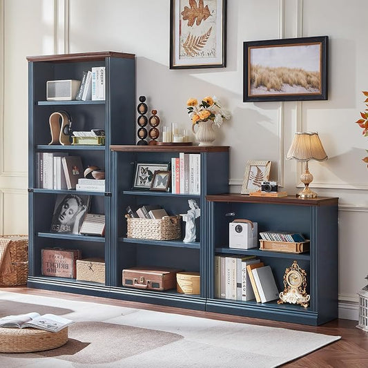 RWYHG 30" Blue Bookshelf Set of 2,2-Tier Thick Wood Book Shelf with Adjustable Shelves,Free Standing Farmhouse Bookcase with Open Display Storage,Floor Vintage Bookshelves for Living Room,Office