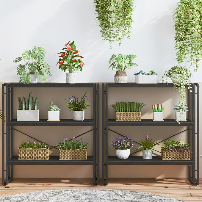 HCHQHS Bookshelf, 3-Tier Industrial Bookcase, Black Open Book Shelf, Freestanding Horizontal Bookshelves with Metal Frame