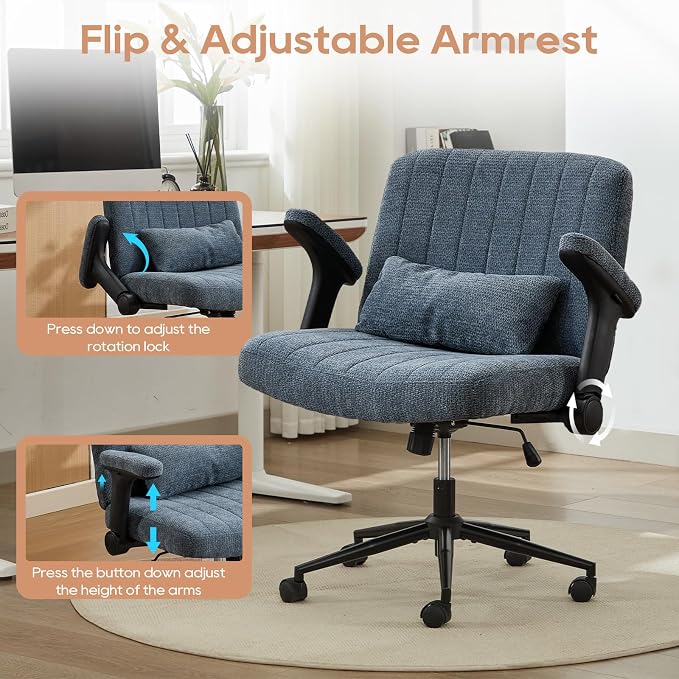 IPKIG Criss Cross Chair with Adjustable Flip-up Arms, Vanity Chair with Wheels, Comfy Desk Chair with Lumbar Pillow Swivel Wide Office Chair for Home Office, Bedroom, Chenille, Blue