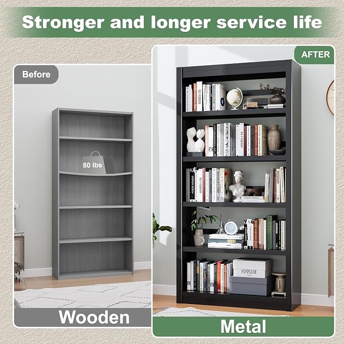 OSEILLC Bookcase, 69" H 5-Shelf Heavy Duty Metal Bookcase, Adjustable Bookshelf with Large Capacity, Sturdy Book Shelf for Home Office, Living Room, Garage