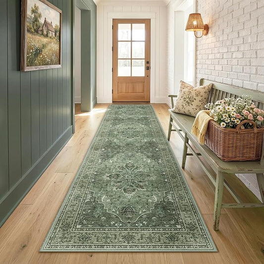 RELEANY Area Rugs Runner 2'x8' Washable Non-Slip, Floral Vintage Distress Medallion Carpet for Kitchen Hallway Bedroom Beside Laundry Room Bathroom, Dark Green Gray