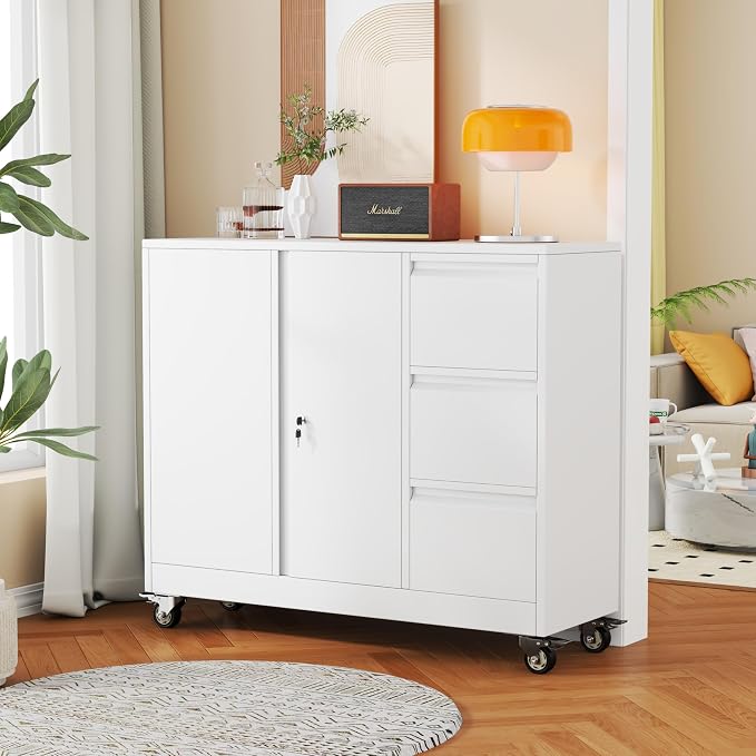 winiowa Mobile 3-Drawer File Cabinet with Wheel, Metal Lateral Rolling Printer Stand Filing Cabinets with Lock, Office Storage Cabinet for Office, Home, Garage, School, Gym-White