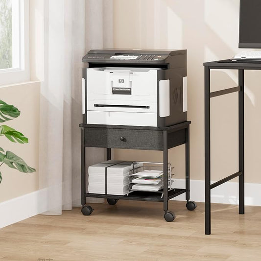 Homleke 2-Tier Under Desk Printer Stand with Drawer, Mobile Printer Table with Lockable Wheels, Heavy Duty Metal Frame & Wood Shelf, Fits Printers/Scanners/Fax Machines – Black, 15.7" Lx11.8 Wx15.7 H