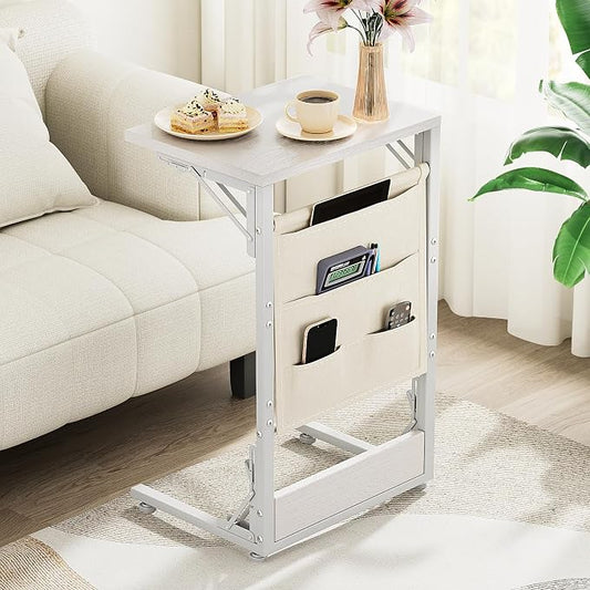 Folding TV Tray Table, 28.8" Tall C-Shaped Side Table for Couch and Bed, Slide Under Sofa Side Desk with Storage Bag - Sturdy Metal Frame Tray for Living Room, Bedroom, Home & Office (White)