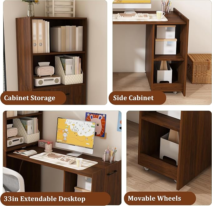 Runboll Expandable and Foldable L Shaped Desk, Mobile Computer Desk with Storage Shelves & Lockable Wheels, Compact Rolling Workstation for Small Space Home Office, Walnut