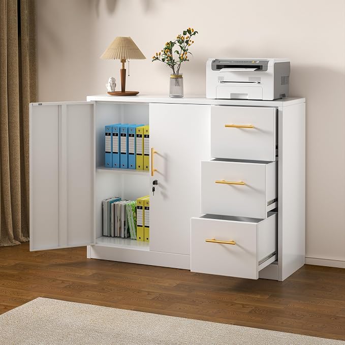 GAIOUS Metal Sideboard Buffet Cabinet, Storage Cabinets with 3 Drawers and Shelf, White Locking Steel File Storage Cabinet, Kitchen Cabinet Cupboard Pantry for Office Dining Living Room Kitchen Garage