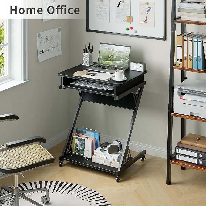ALISENED Computer Desk for Small Spaces,23.6" Z-Shaped Compact Study Table with Smooth Keyboard Tray,with Wheels and Bottom Shelves for Home Office,Computer Cart Mobile Laptop Cart