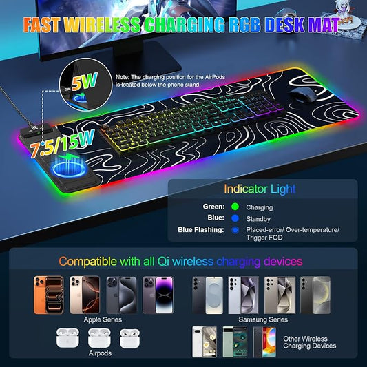 RGB Mouse Pad with Foldable Phone Stand Wireless Charger, 31.5"x11.8" XL Gaming Mousepad Large Desk Mat, Desk Pad with 11 Colors 5 Modes, Waterproof