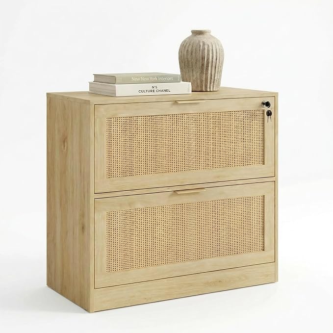 Lateral File Cabinets for Home Office, 2 Drawer Filing Cabinet with Lock, Wide Rattan Filing Organization Storage Cabinets with Printer Stand for Hanging Files/Letter/Legal/A4/F4 Size, Natural Wood