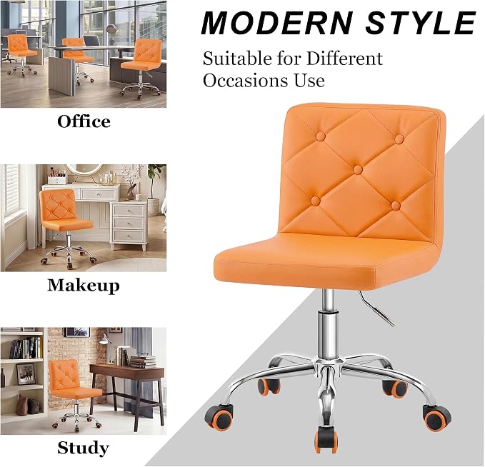 VECELO PU Leather Mid-Back Armless Vanity Chair Adjustable Height 360° Rolling Swivel for Home Office Work