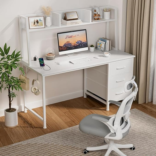 DLisiting White Computer Desk with Hutch & Drawers - 47 Inch Modern Study Writing Office Desk with 3 Storage Drawers and Power Outlets for Bedroom Home Office