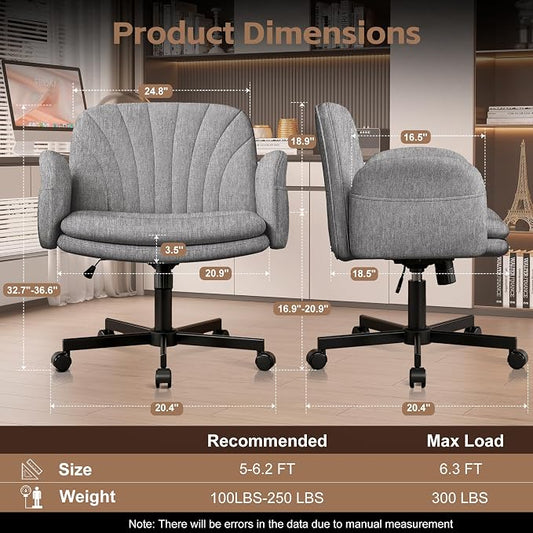 Vonesse Criss Cross Office Chair with Wheels & Armrests, Height Adjustable Vanity Chair, Makeup Chairs with Side Pockets Design, Comfortable Computer Desk Chairs for Home (Linen Fabric,Gray)