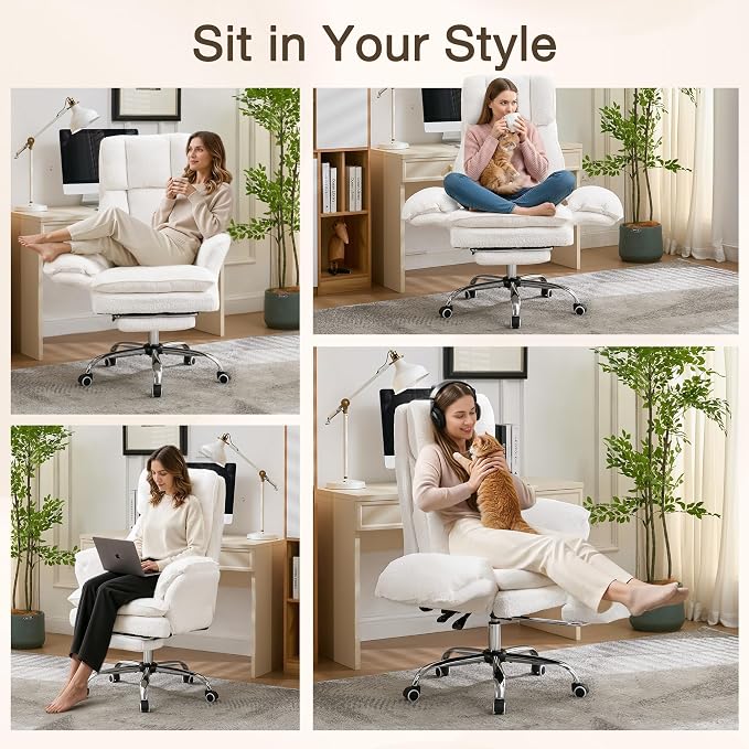 Cloud Cross Legged Office Chair with Footrest,Teddy Fleece Big and Tall Executive Ergonomic Chair, Flip Armrests for Pets,155° Reclining Computer Wide Desk Chair for Home,Office (White)