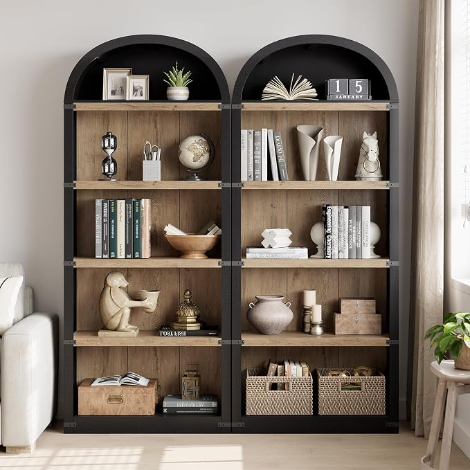 GarveeHome Bookcase 5 Shelf Arched Bookshelf 71.65in Tall Bookcase Farmhouse Display Storage Rack Wooden Bookshelves for Home Office, Living Room (Black/Natural)