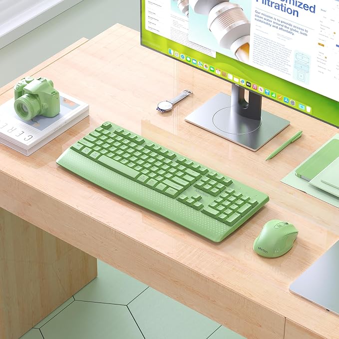 MEETION Green Wireless Keyboard and Mouse, Full-Sized Cordless Keyboard with Wrist Rest, 3 DPI Adjustable Mouse, 2.4GHz USB-A Receiver, Computer Keyboard for PC/Computer/Laptop/Windows/Mac