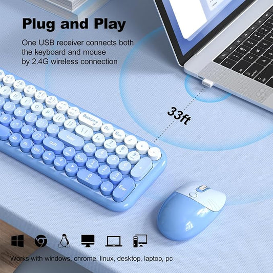 MOFII Wireless Keyboard and Mouse Combo, Full Size 2.4G Retro Round Computer Keyboard and Mouse Set, Plug and Play, for Windows, Computer, Desktop, PC, Notebook - (Blue Gradient)