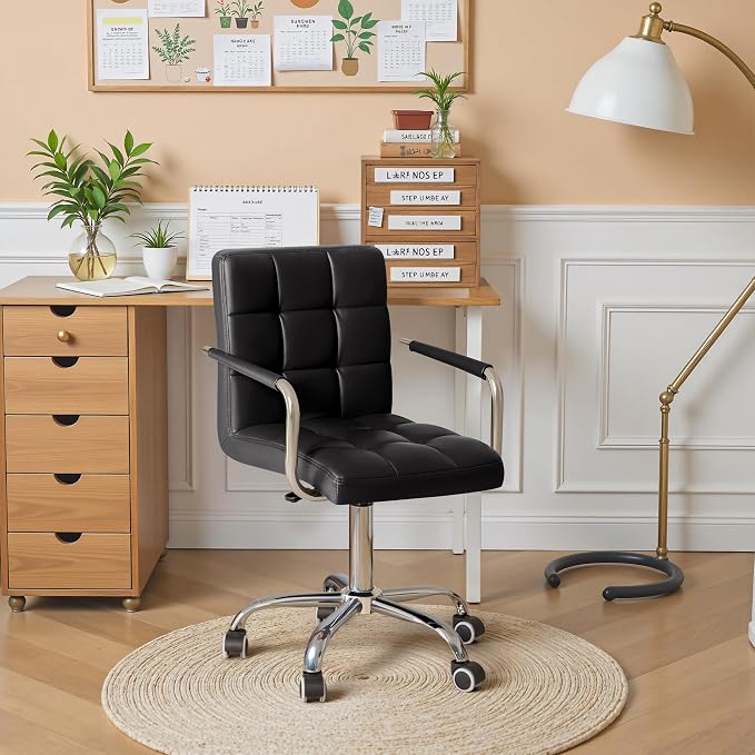 Furmax Vanity Office Chair with Wheels, Makeup PU Leather Executive Chair Modern Adjustable Home Desk Retro Comfortable Work Chair 360 Degree Swivel with Arms (Black)